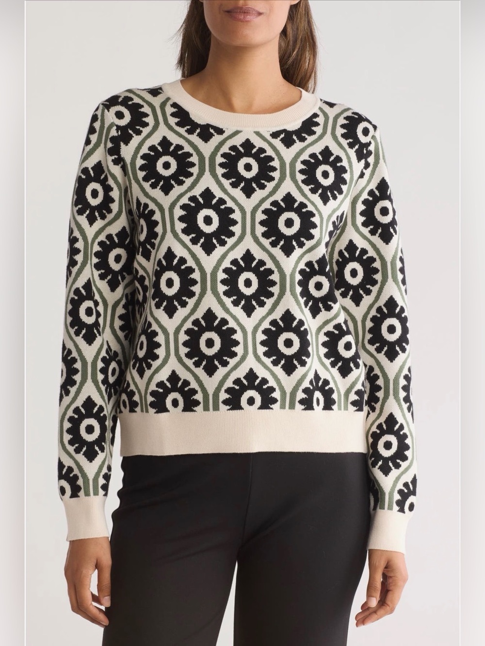 Adrianna Papell Floral Jacquard Crewneck Sweater Ivory Black Green Large